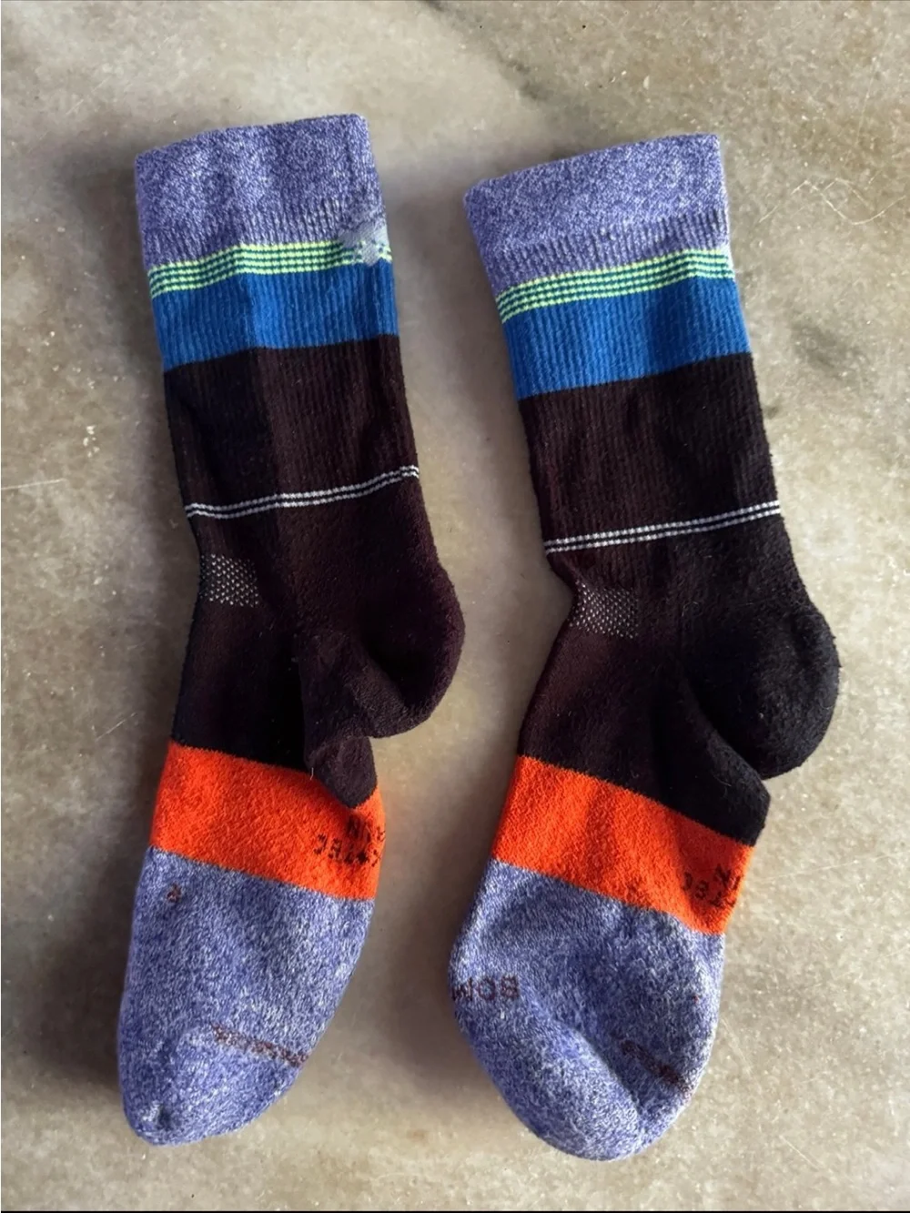 Bombas Men's Crew Socks in Purple, Blue, Black and Orange Stripe